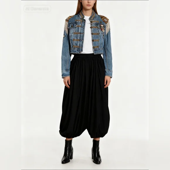 Upcycled Classic Denim Crop Jean Jacket With Hand Embellished Appliques - Picture 1 of 7